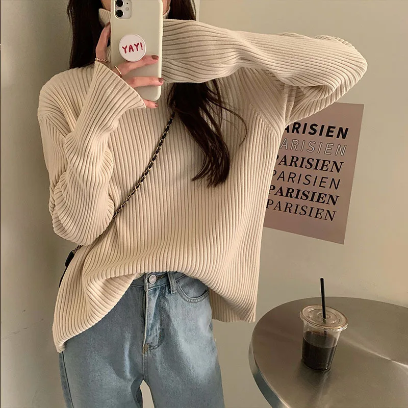 Vintage Oversized Turtleneck Sweater Jumpers Autumn Winter Casual Warm Bottoming Pullovers Simple Stripe Pit Knitted Sweater