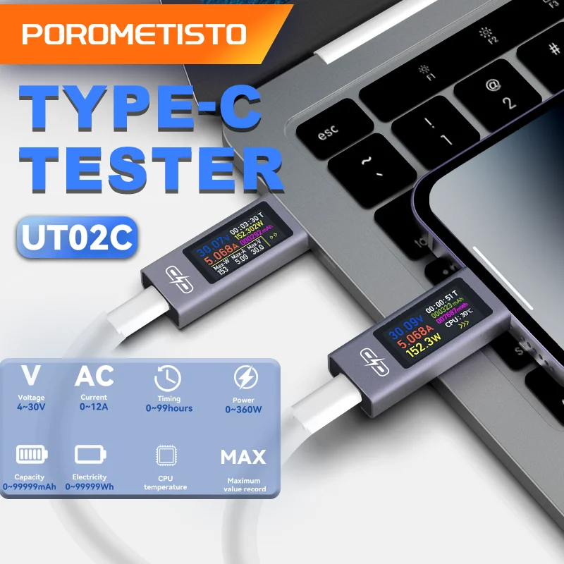 UT02C USB 컬러 스크린 Type-C 테스터 전압 전류계 DC4-30V 12A 고속 충전 테스트 CPU 온도 모니터 전압 전류 전력계 썸네일 2