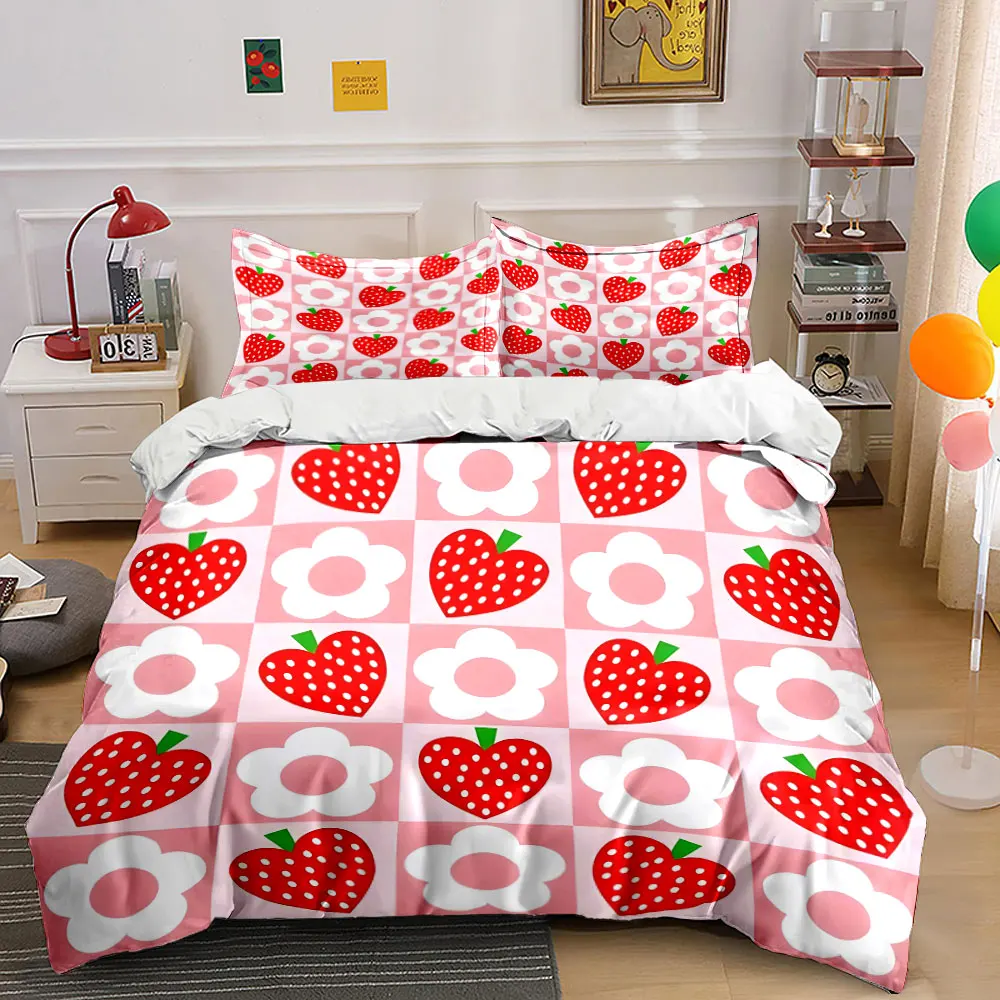 

"Strawberry Flower Pattern Decor Set" Bedding Set with 1 Duvet Cover 2 Pillowcases Single Double King Queen, Gift