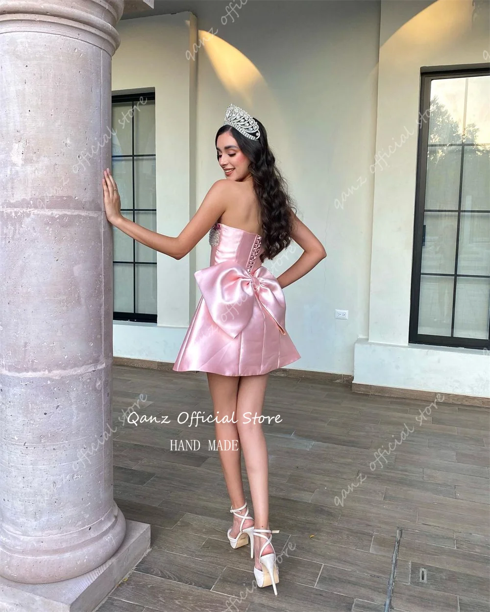 Qanz Pink Princess Cocktail Dresses Short Mini Satin Crystal Opne Back Vestidos De Gala Birthday Dresses Women Customized