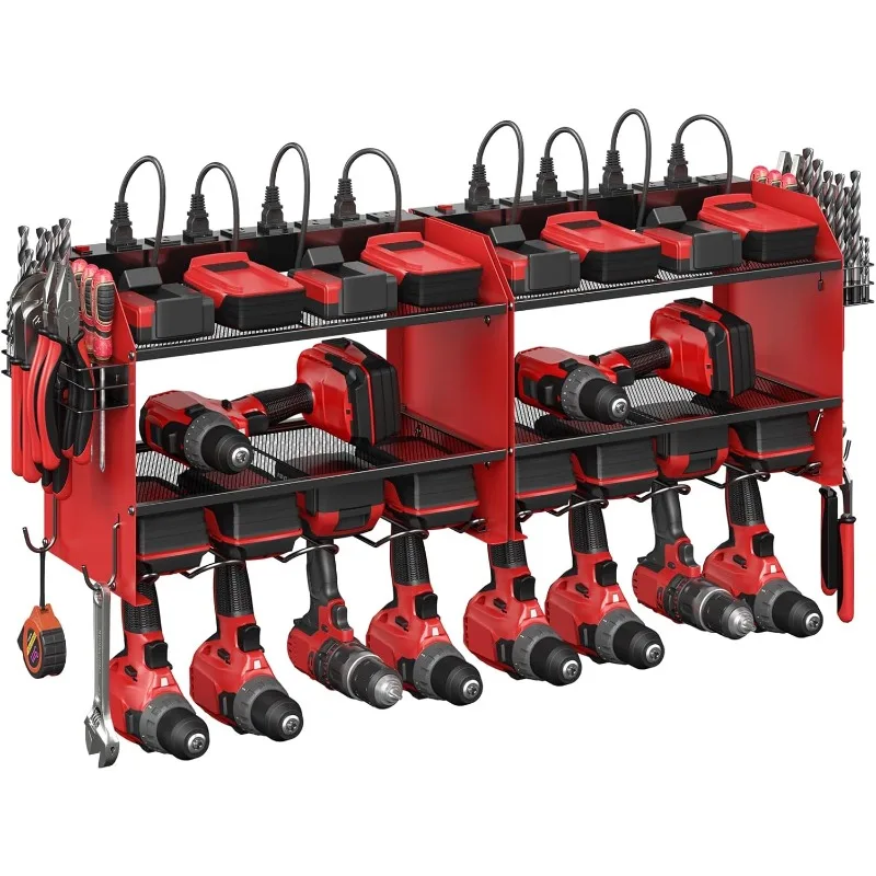 

Set Power Tool Organizer Wall Mount with Charging Station. Garage 8 Drills Storage Shelf with Hooks, Screwdriver, Drill Bi