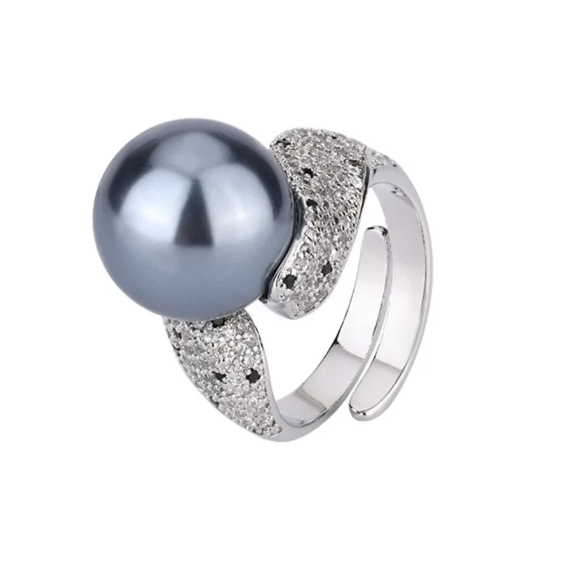 Adjustable White Grey Pearl Rings Exquisite Women's High Quality Jewelry with Elegant Round Design Lustrous Finish Gift 14mm