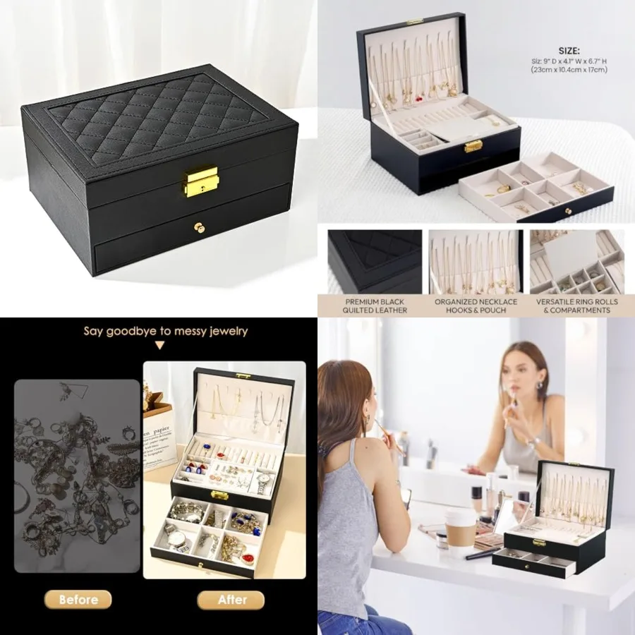 

Jewelry Box for Women Girl Wife - Large PU Leather Jewelry Organizer Storage Case with Two Layers Display for Earrings Bracelet