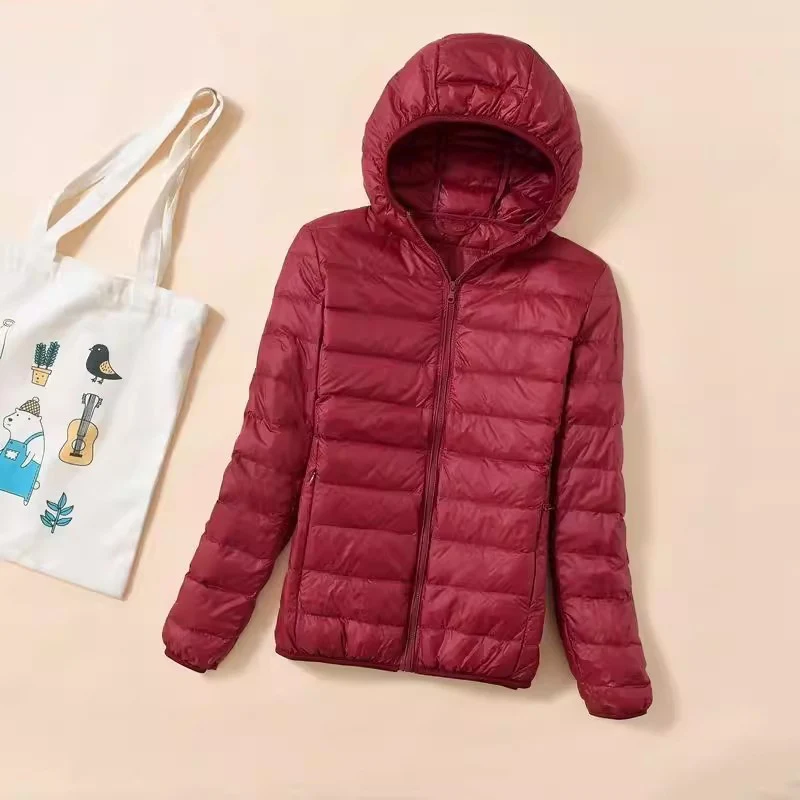 Women Down Jacket Wine Red 2026 New Spring Autumn Female Slim Short Hooded Warm White Duck Down Coat