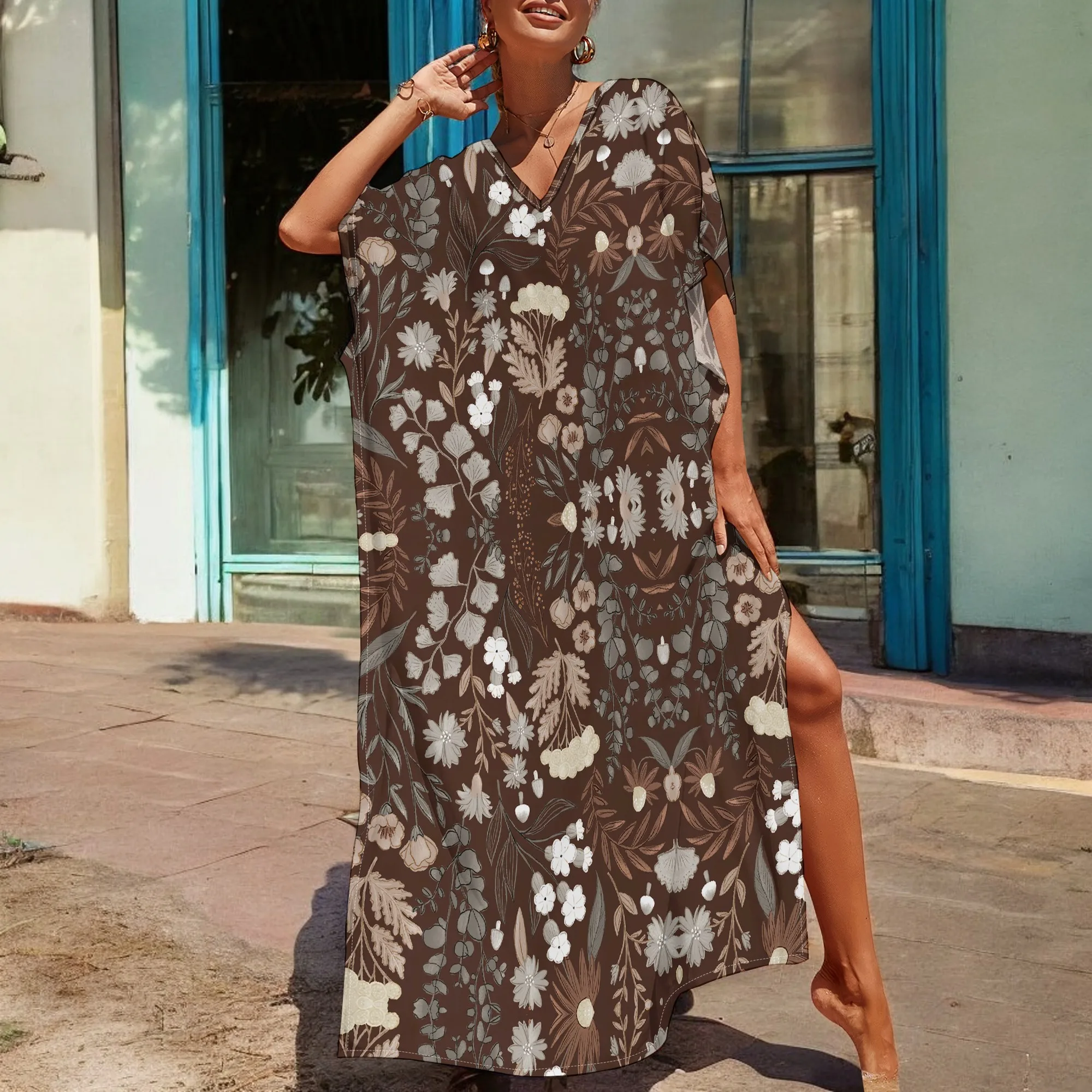 

Boho Tropical Flowers Graphics Maxi Dress Short Sleeve V Neck Casual Loose Long Beach Split Dresses