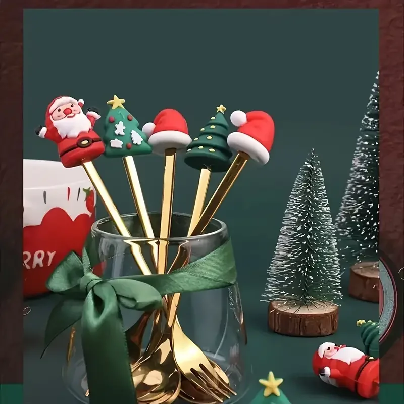 

6pcs Father Christmas Stainless Steel Fork Spoon Set Christmas Gift Box Cutlery Christmas Day Gift Cartoon Shape