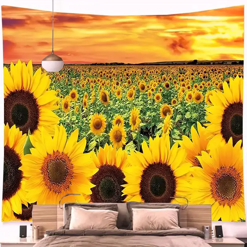 Sunflower Tapestry Wall Hanging Sunset Sunflowers Field Wall Art Golden Yellow Sunflowers Tapestries Warm Yellow Floral Plant