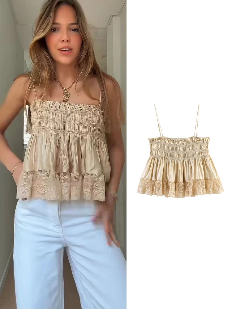 TFMLN Sexy Women's Lace Spliced Sling Tops Ruffles V-neck Sleeveless Backless Vest 2026 Summer Female Fashion Casual Top