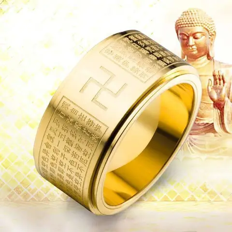 Titanium Steel Engraved Chinese Buddhist Sutra Jewelry Ring Rotatable Stainless Steel Swastika Sutra Ring For Men Women