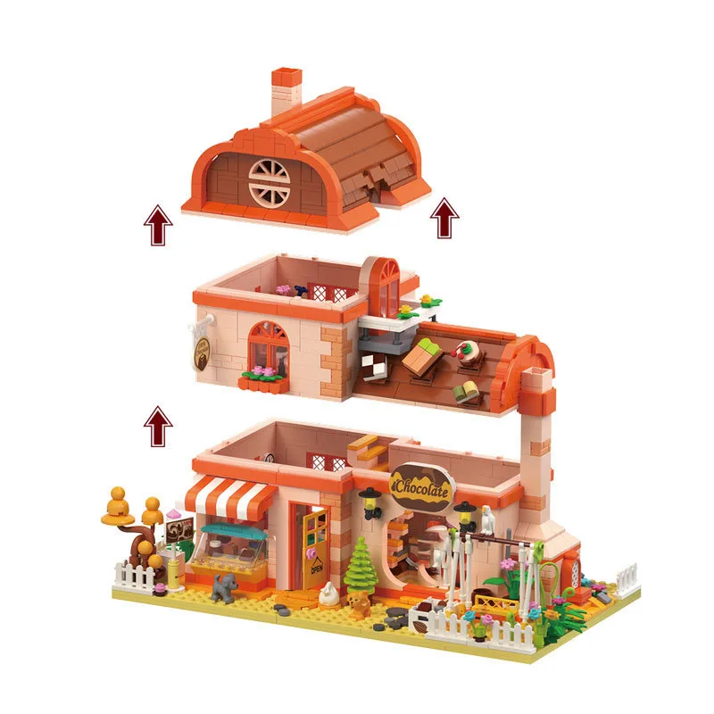 Creative City Street View Mini Block Chocolate Workshop Construction Building Brick Figures Dessert Streetscape Toys For Gifts