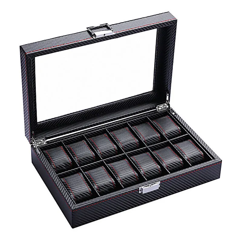 6/10/12/6Plus3 Slots Carbon Fiber Display Watch Box Organizer Jewelry Storage Case Transparent Watch Stand Box caja para relojes