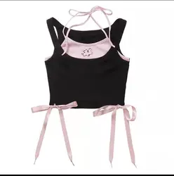 baby girl tank top sweet fake two pieces suspender vest halter crop top for kids girls dance hip hop bow patch 2 to 10 years