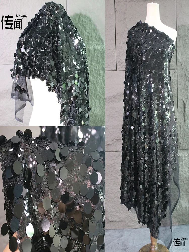 Black Sequin Mesh Fabric Gradient Background Wedding Dress Lace Designer Wholesale Cloth for Diy Sewing Meters Material