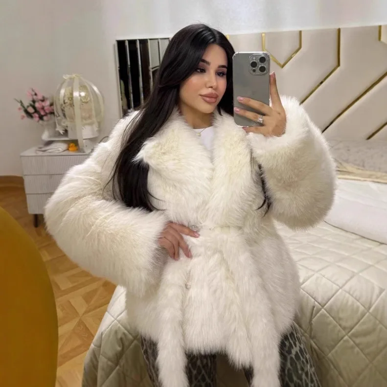 

Female Faux Fur Jacket Minimalsit Slim Lady Fur Coat Belted Stylish Winter Women Eco Fur Coat Furry Collar Waist-cinching Warm
