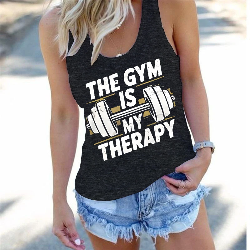 

"The Gym Is My Therapy" Print Vests Summer Tees for Women Racerback Casual Sleeveless Weightlifting Installing Muscles Tank Tops