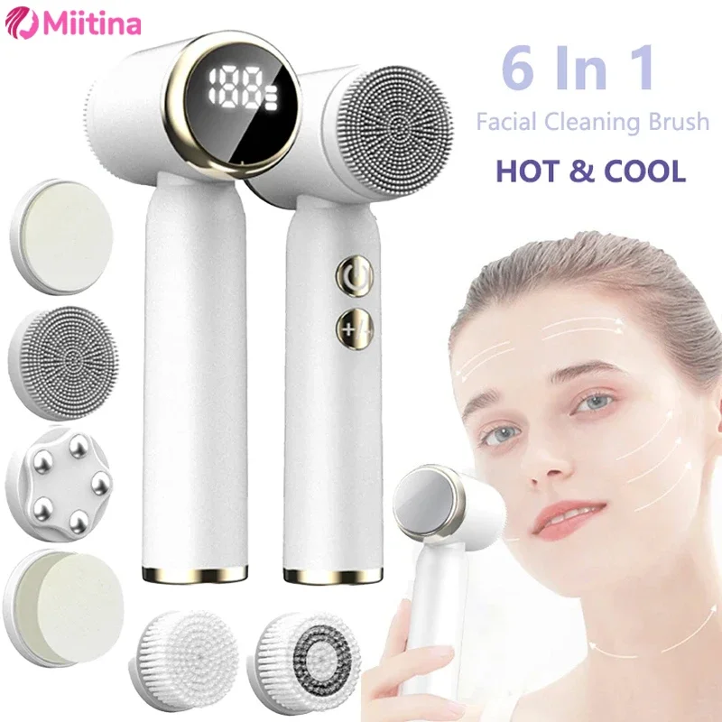 LED 6 in 1 Electric Facial Clean Brush Display Exfoliating Pore Cleaning Sonic Vibrating Facial Massager Cleane 6 Head Face Care