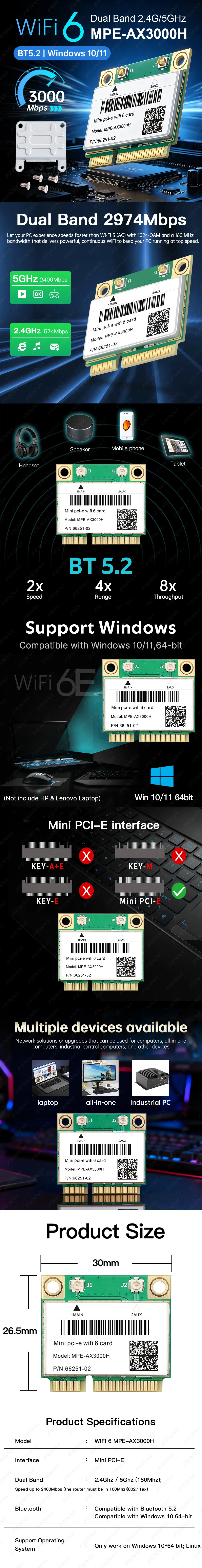WiFi 6 MPE-AX3000H Mini PCI-E Wireless-Karte BT5.2 Dual Band 2,4G/5GHz 2974M 802.11AX MU-MIMO für Laptop mit extrem niedriger Latenz Win10 – Detail 1