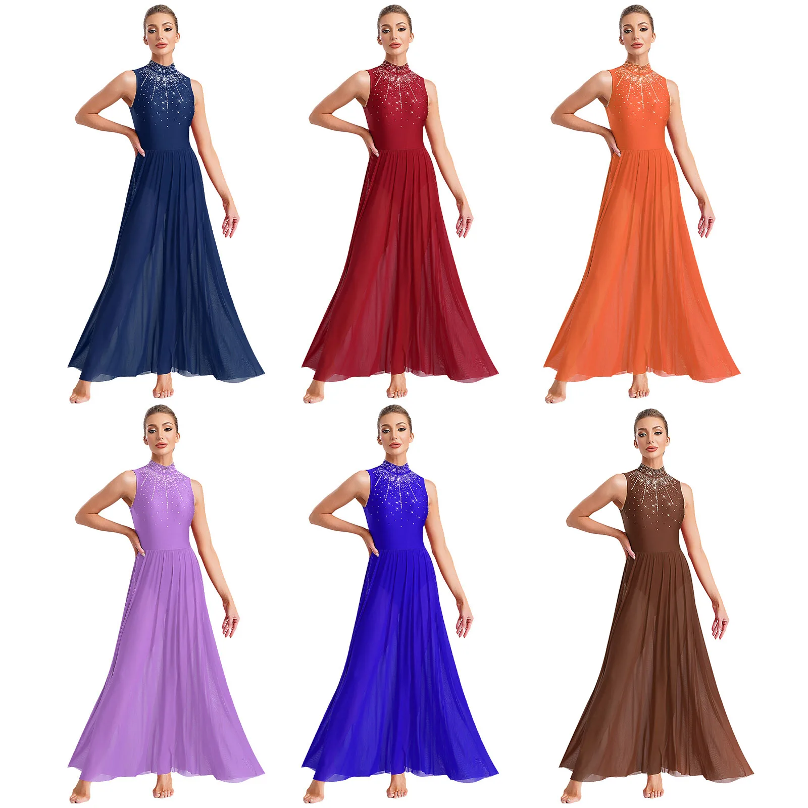 Womens Lyrical Dance Dresses Mock Neck Wide Hemline Shiny Rhinestones Maxi Dress Sleeveless Modern Contemporary Leotard Dresses image 4