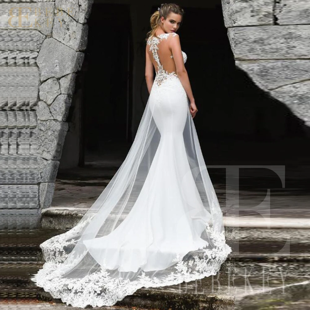 BEBEKEY Elegante abito da sposa in pizzo con applicazioni a doppia traccia Abito da cerimonia nuziale a sirena Abiti da sposa personalizzati Abiti formali
