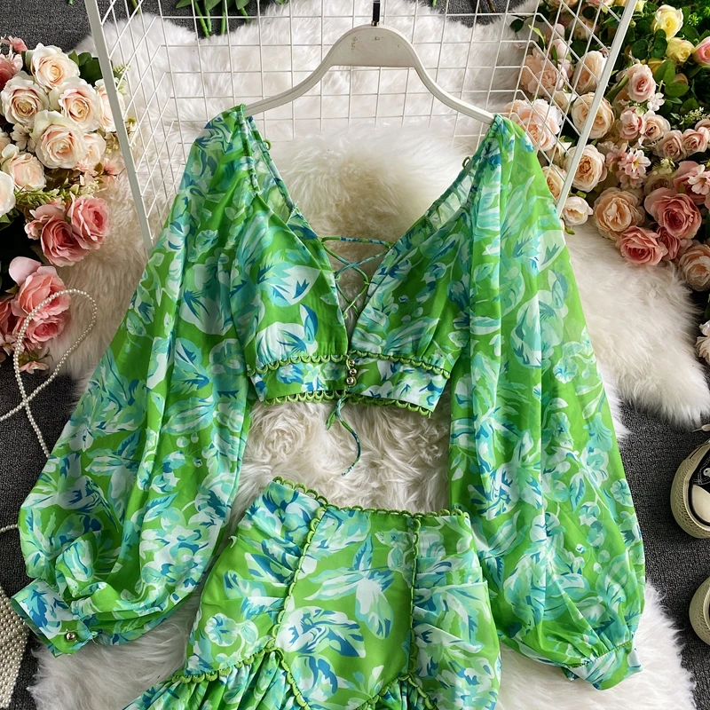 Sexy Chiffon Two Piece Set Women Spring Autumn Elegant V-Neck Long Sleeve Short Tops + Ruffle Mini Skirt Female Printed Suit New