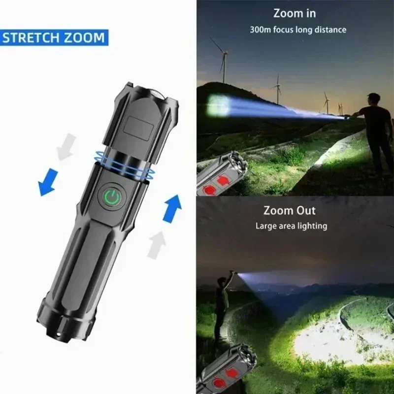 강력한 LED 손전등 USB 충전식 방수 줌 낚시 사냥 캠핑 1000 루멘 전술 손전등, 1-10 팩