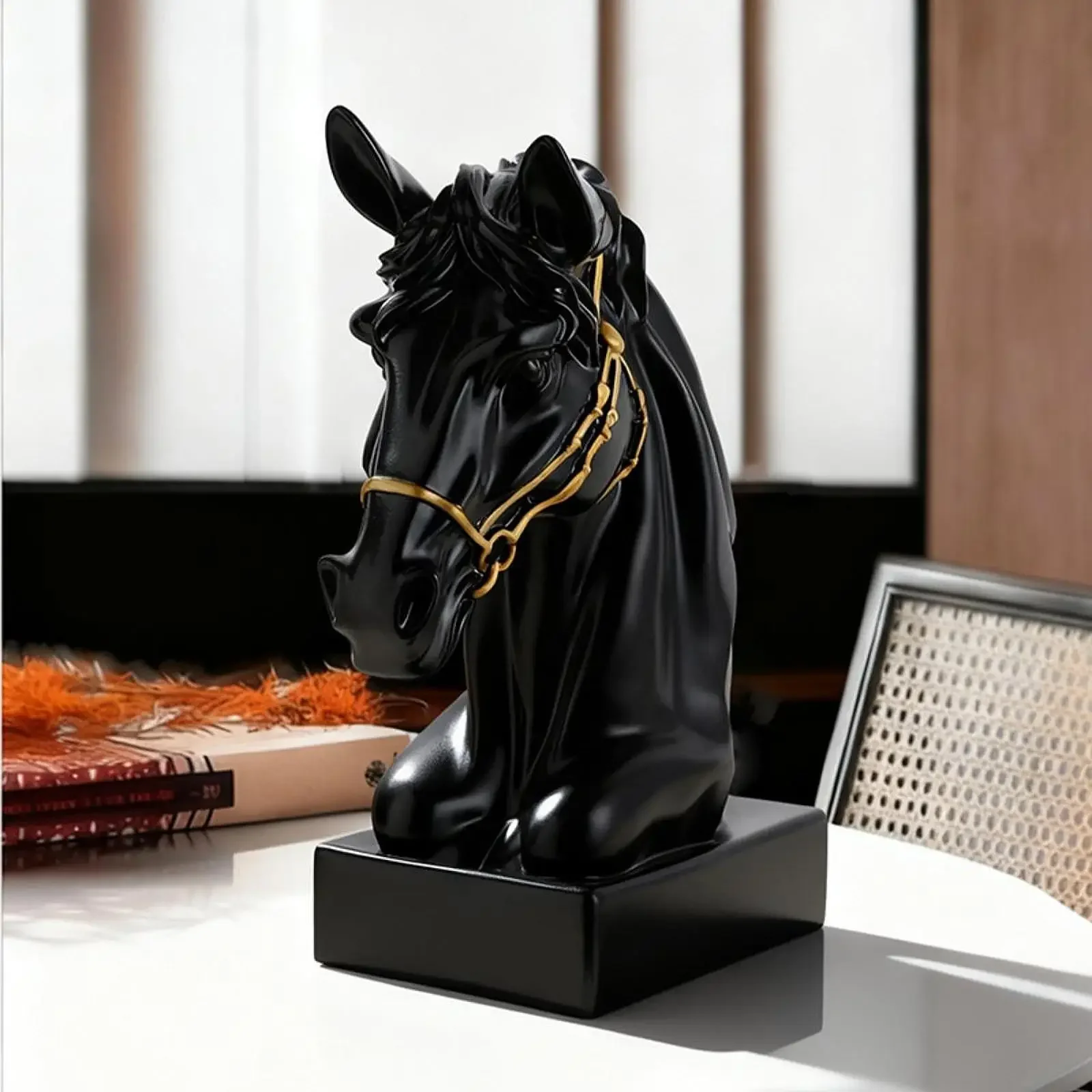 Horse Head Statue Elegant Decorative for Equestrian Living Room Coffee Table Black Head Decor Animal Collectible for Tabletop