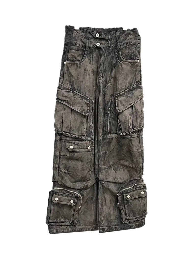 

Wasteland Style Techwear Distressed Dirty Wash Wear Multi-Pocket Jeans Men's and Women's Straight-Leg Pants Trousers