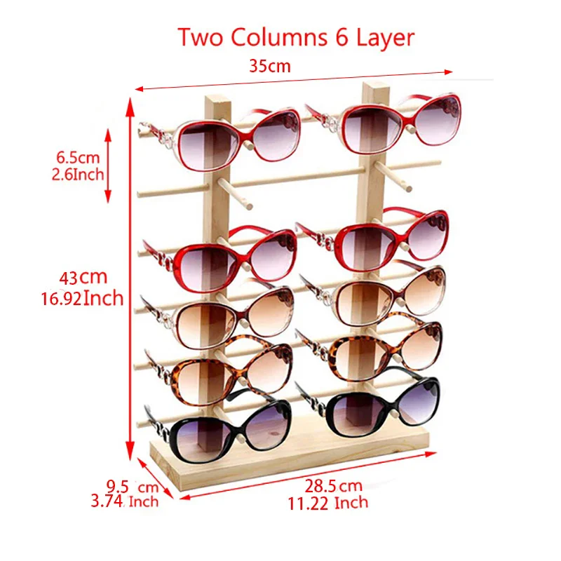 Soporte de exhibición de gafas de sol de madera, 2 columnas, 3/4/5/6 capas, estante de almacenamiento de gafas, organizador de gafas de sol, estante