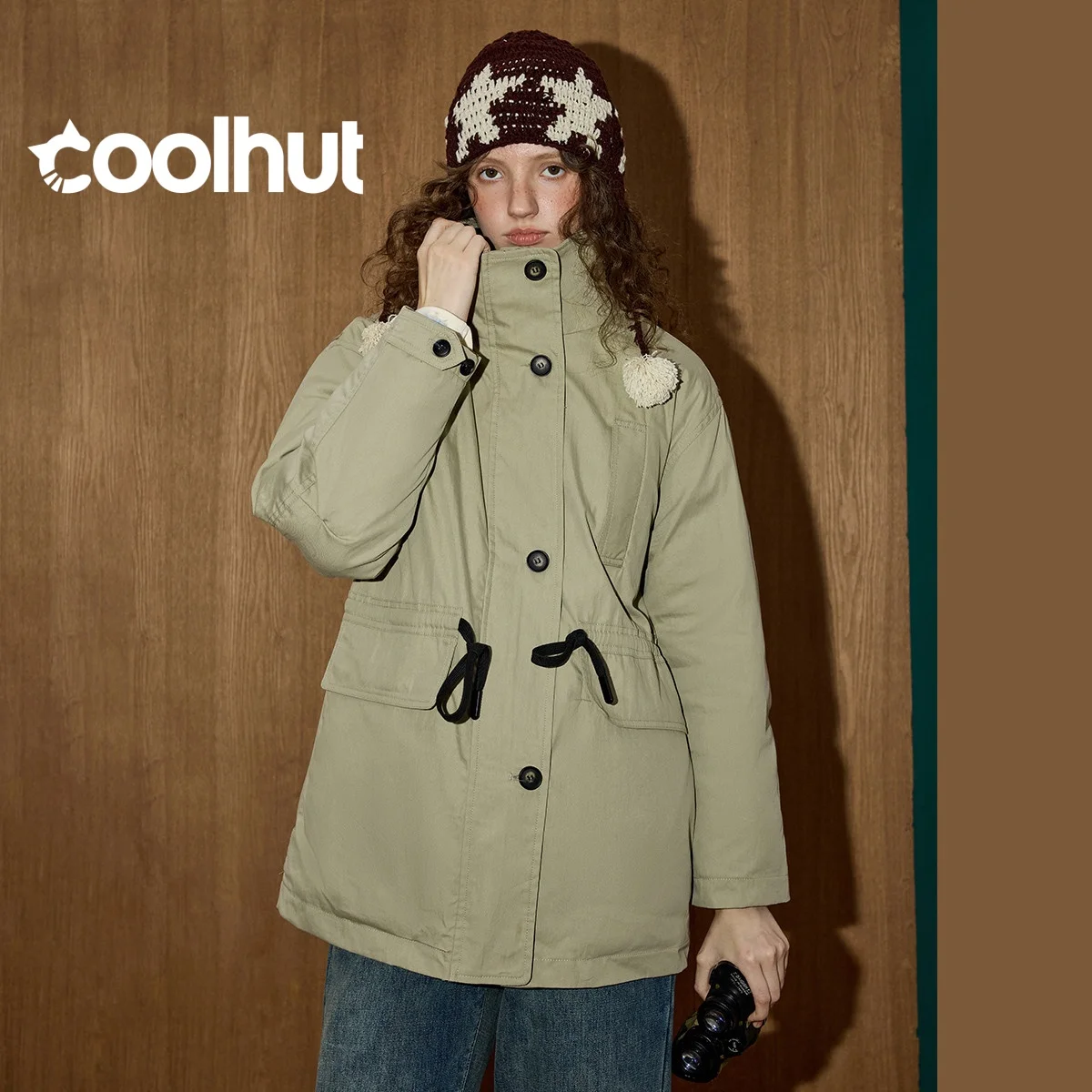 COOLHUT 2025 الشتاء المرأة 90% أسفل فائدة سترة الرباط الخصر المنتفخ مصممة ملابس العمل صورة ظلية مبطن سترة مرتفعة