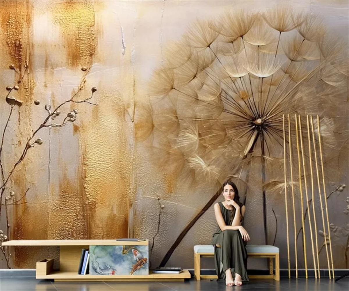 Nordic Hand Drawn Abstract Dandelion 3D Wall Paper Retro Oil Painting Customizable Murals TV Background Decorative Wallcovering