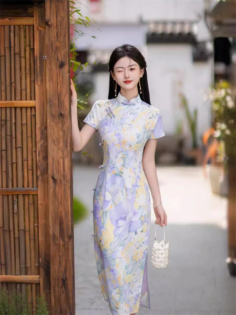 

New Chinese Style Printed Cheongsam Young Girls Retro Traditional Improved Qipao Daily Short-sleeved Dress Evening Banquet Gown