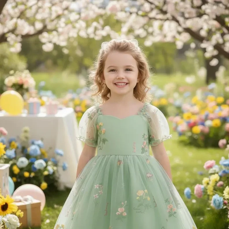 Sage Green Flower Girl Dresses for Wedding Sweetheart A Line Princess Birthday Performance First Communion Gown with Sleeves