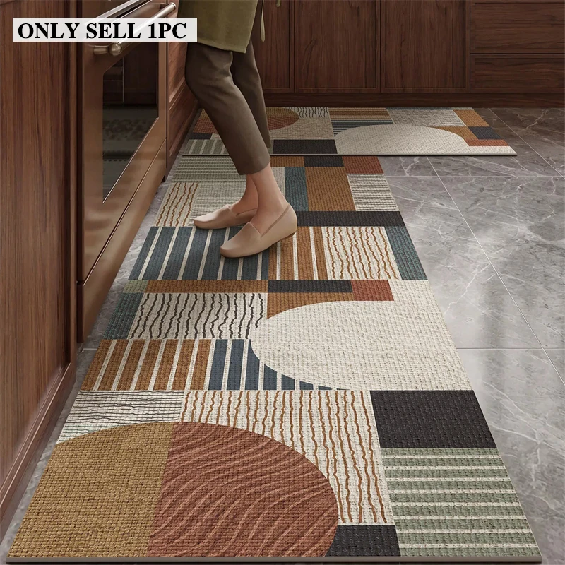 Kitchen Rug PVC Waterproof Leather Floor Mat Retro Geometric Pattern Carpet Oil-proof Non-Slip Long Foot Mats Home Decor Carpets
