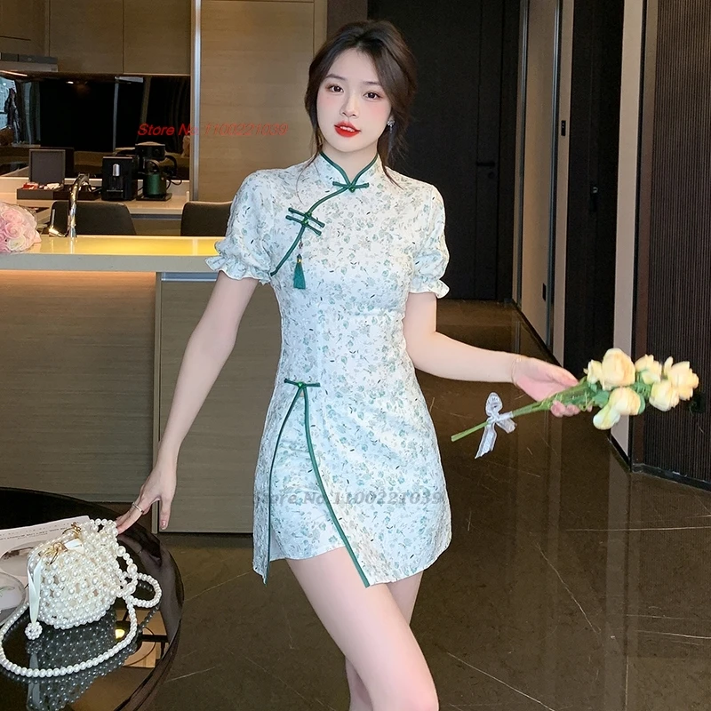 

2025 chinese improved cheongsam banquet nightclub dress qipao national flower print qipao dress+shorts sexy hotel spa work dress