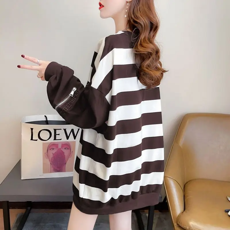 Striped Sweatshirts Pullover Autumn Winter Loose Mid Length Top Long Sleeve Female Casual Korean Patchwork Zipper Loose Top Tee