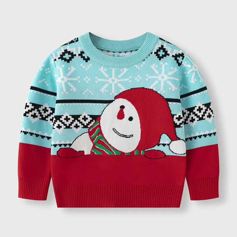 

2025 New Boys Girls Pullover Autumn Winter Christmas Children's Cute Cartoon Snowman Sky Blue Red Sweater Baby Knitted Sweater