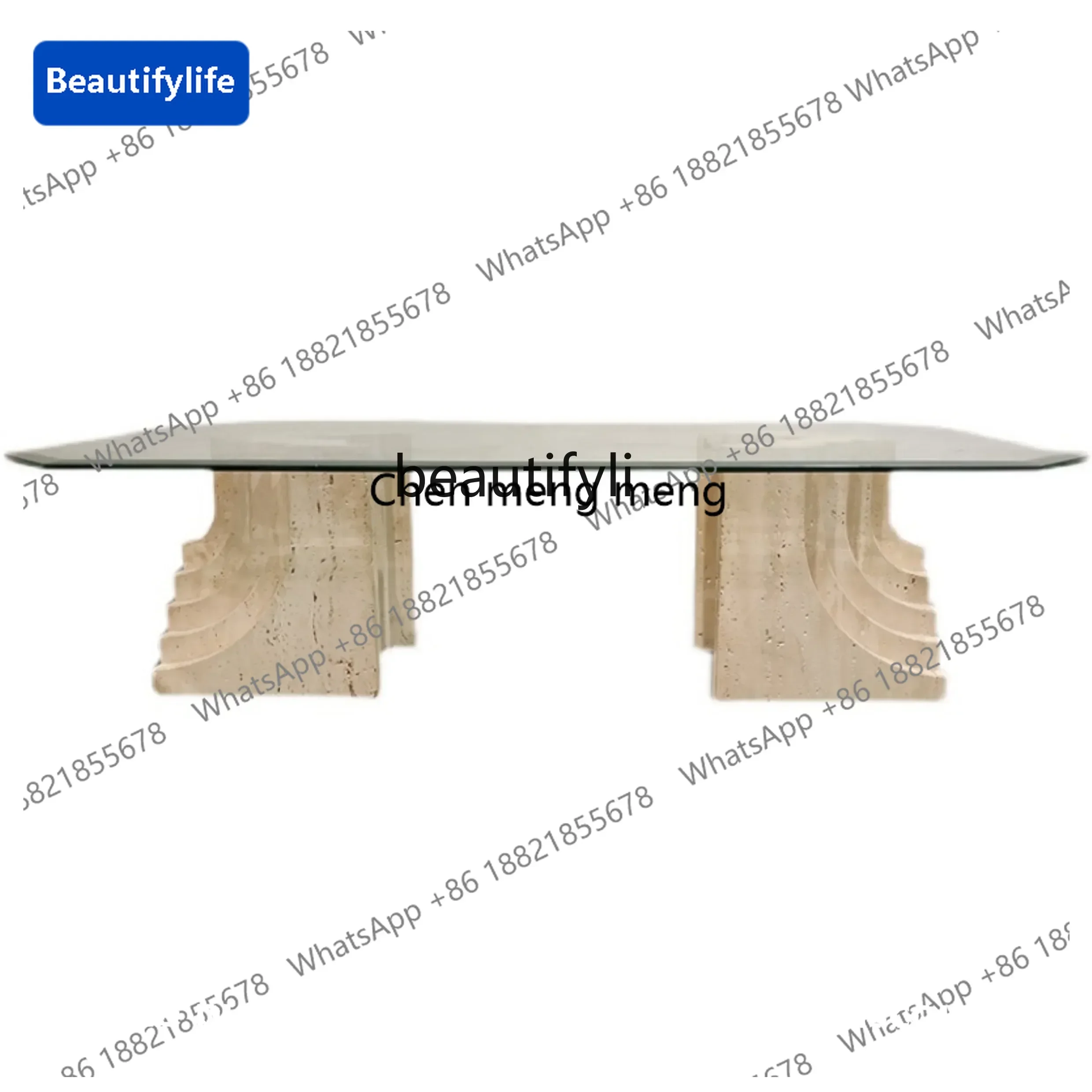 

183Nordic tempered glass coffee table, light luxury natural yellow travertine creative leisure small apartment coffee table