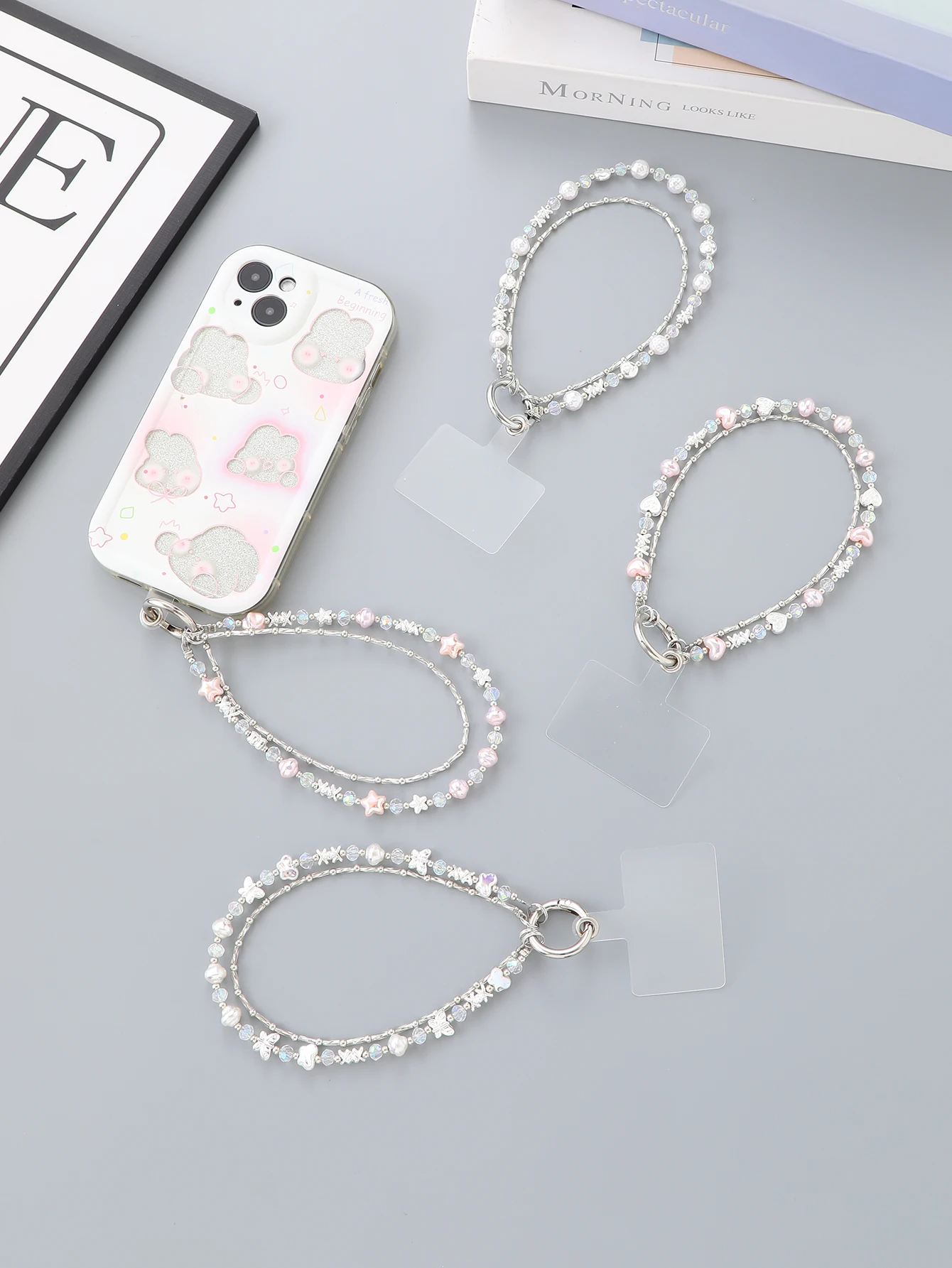 

New Double Chain Pearl Heart Pendant Ins Versatile Wrist Style Mobile Phone Pendant Accessory With Transparent Card