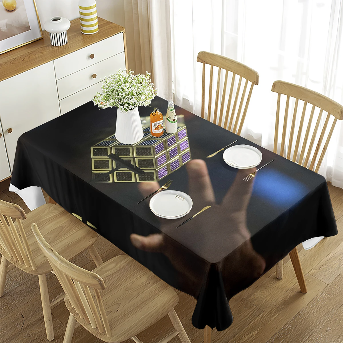 Magic Cube Tablecloth for Living Room Party Dining Room Home Wedding Banquet Puzzle Game Rubik's Cube Theme Tablecloth Rectangle