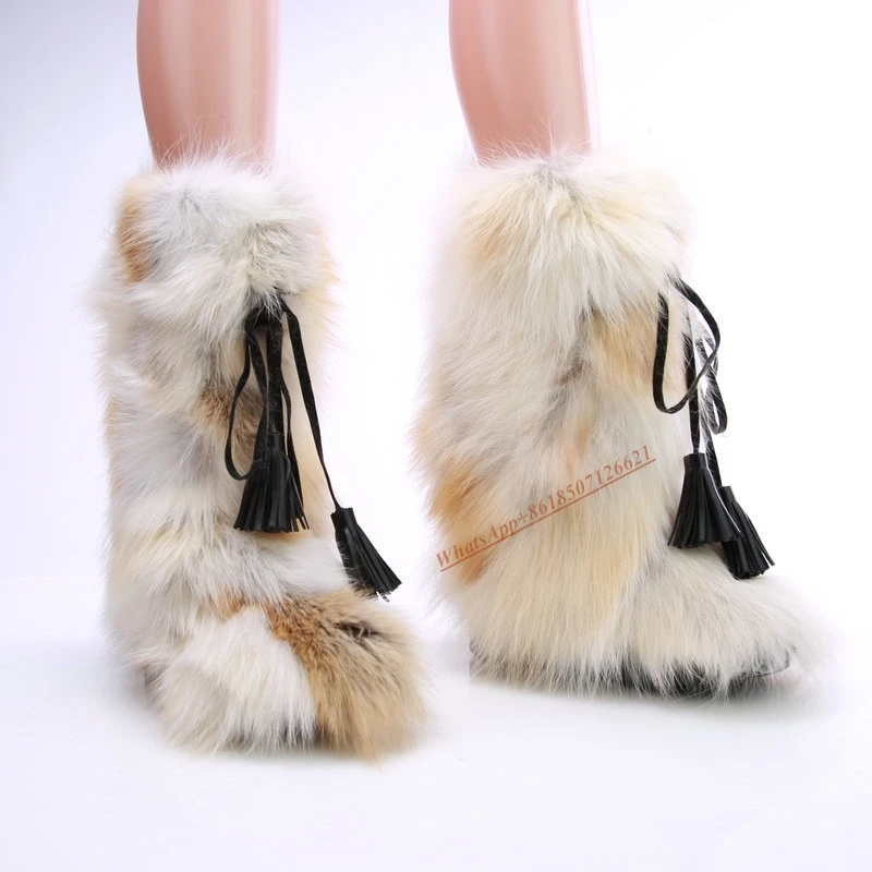 Tassel Strap Furry Boots Flat Sole Thick Bottom Women's Furry Fashionable Slip-on Boots