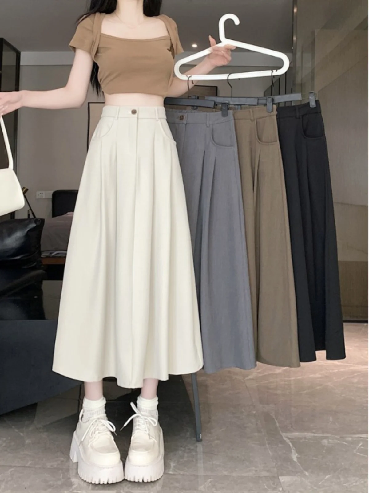 

White A-Line Midi Skirt Women's Summer 2025 New High Waist Slimming Versatile f-length Umbrella Skirt Faionable All-match