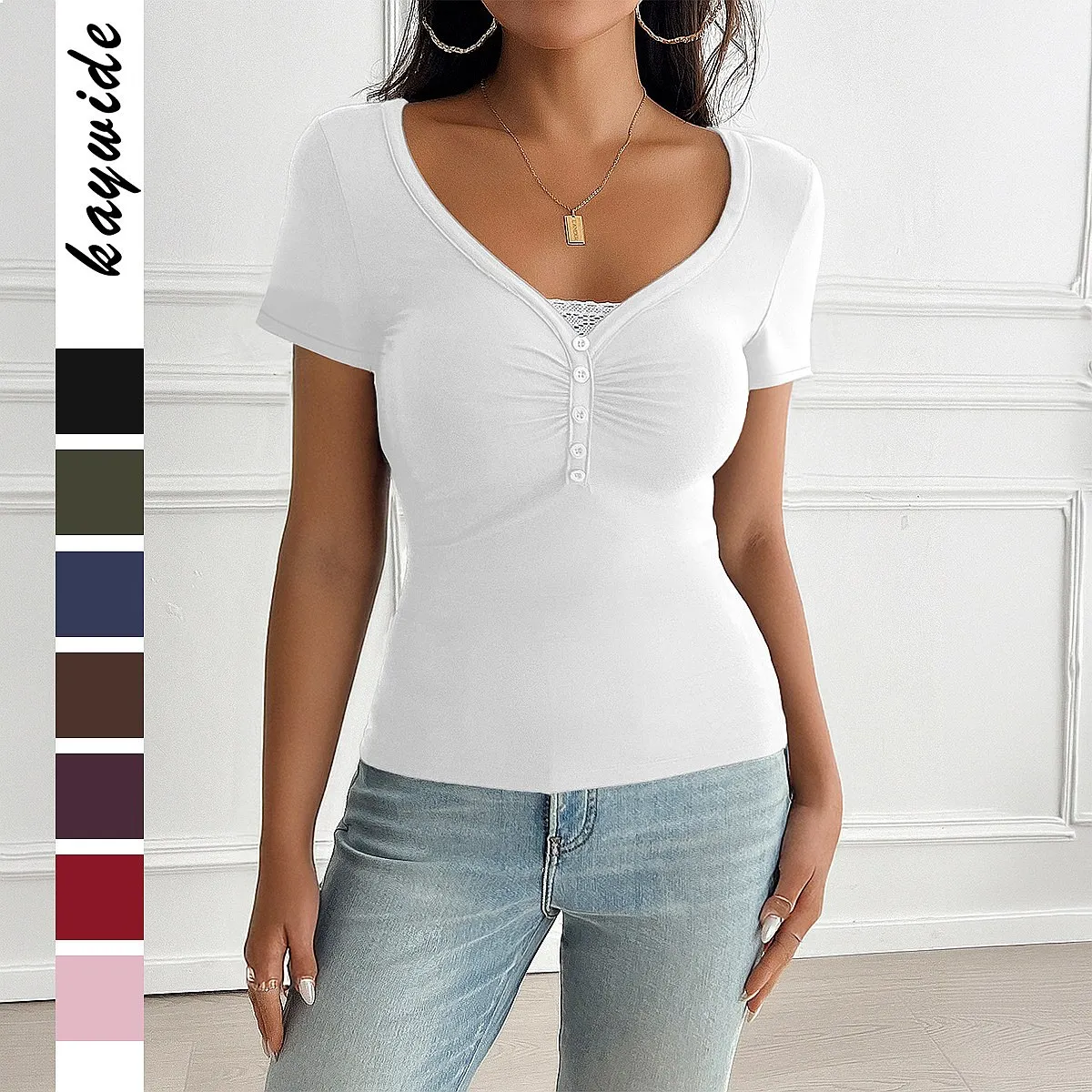 Y2K Sweet Hot V Neck Lace Trim Short Sleeve Tee Tops Fitted Blouse Spring Summer