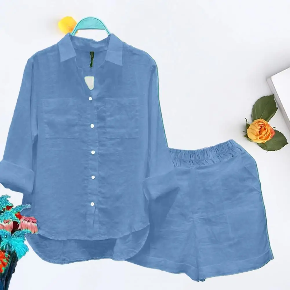 

Fall Summer Suit Ladies Suit Women's Casual Shirt Shorts Set with Long Sleeves Elastic Waist Patch Pockets Solid Color for Fall