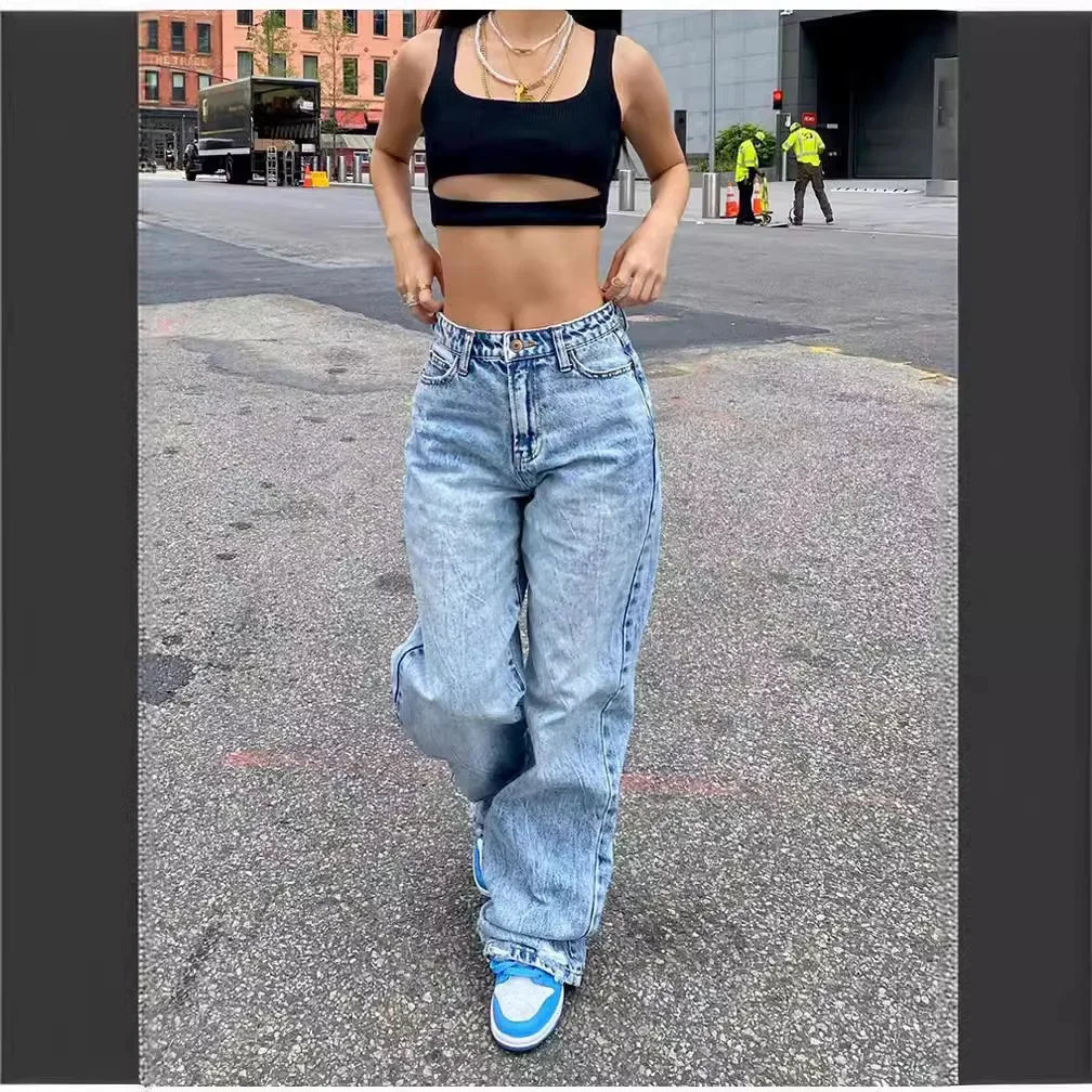 Women Jeans Denim Pant Autumn Solid Distressed Denim Straight Pants Pockets Casual Mid Waist Basics Zipper Fly Flat Washing 2025