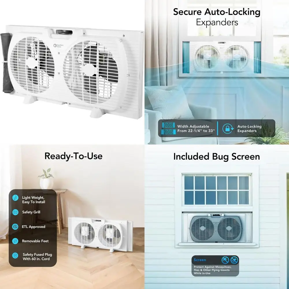 

Вентилятор оконный 9-скоростной, двухлопастной, реверсивный, с автоматическими расширяющими стойками, регулируемой шириной 22,25-33 дюйма, настольной подставкой и противомоскитной сеткой