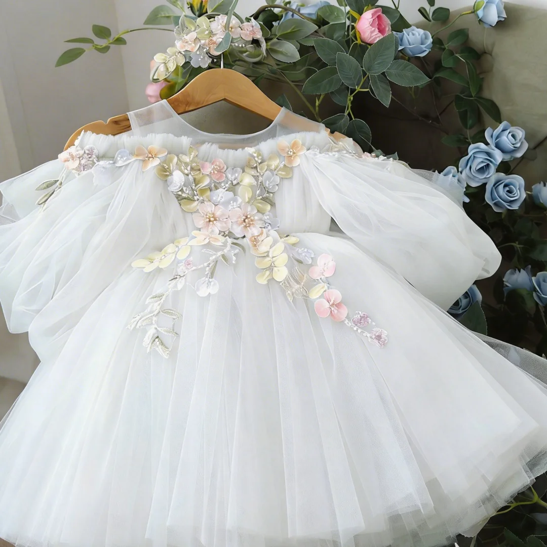 White Flower Girl Dress Wedding Lace 3D Flower Princess Children's Beauty Pageant First Communion Ball Dress
