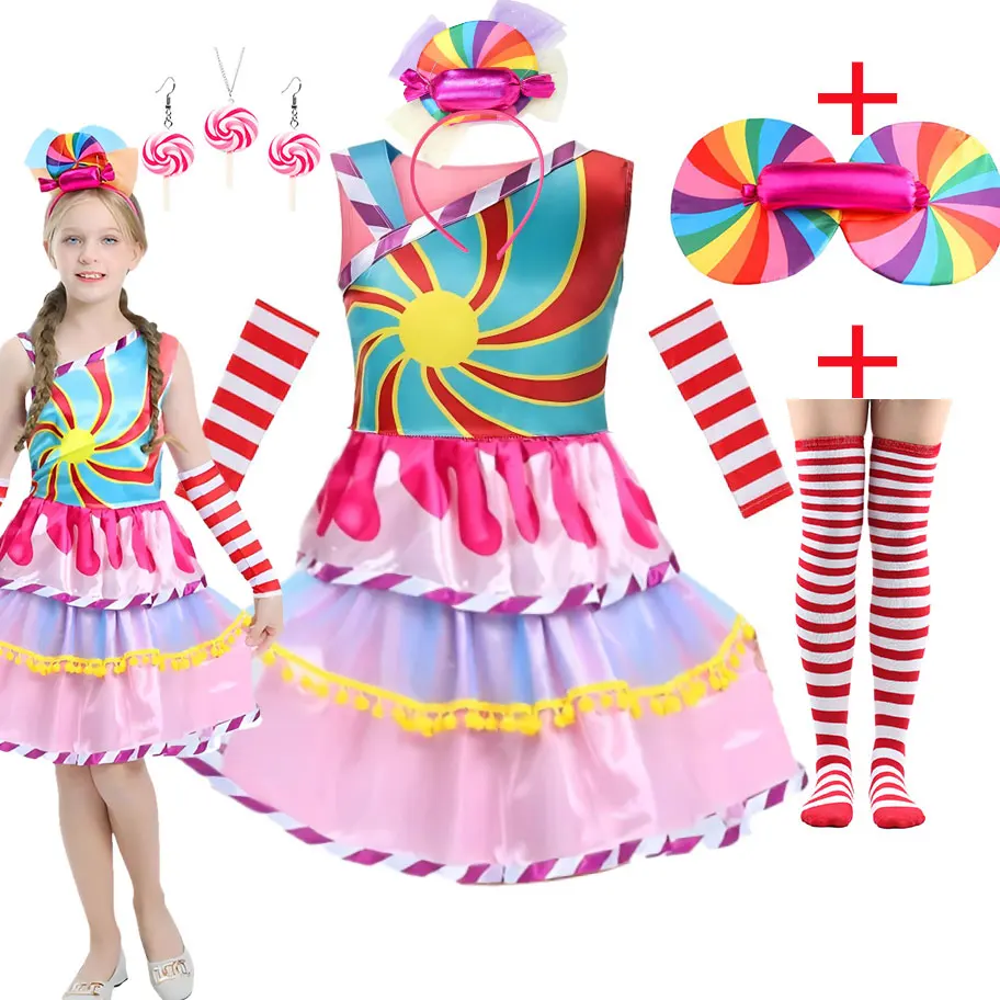 2026 doce design traje com luvas bandana purim carnaval pirulito vestido doce los olhos magos vestuário meninas açúcar vestidos