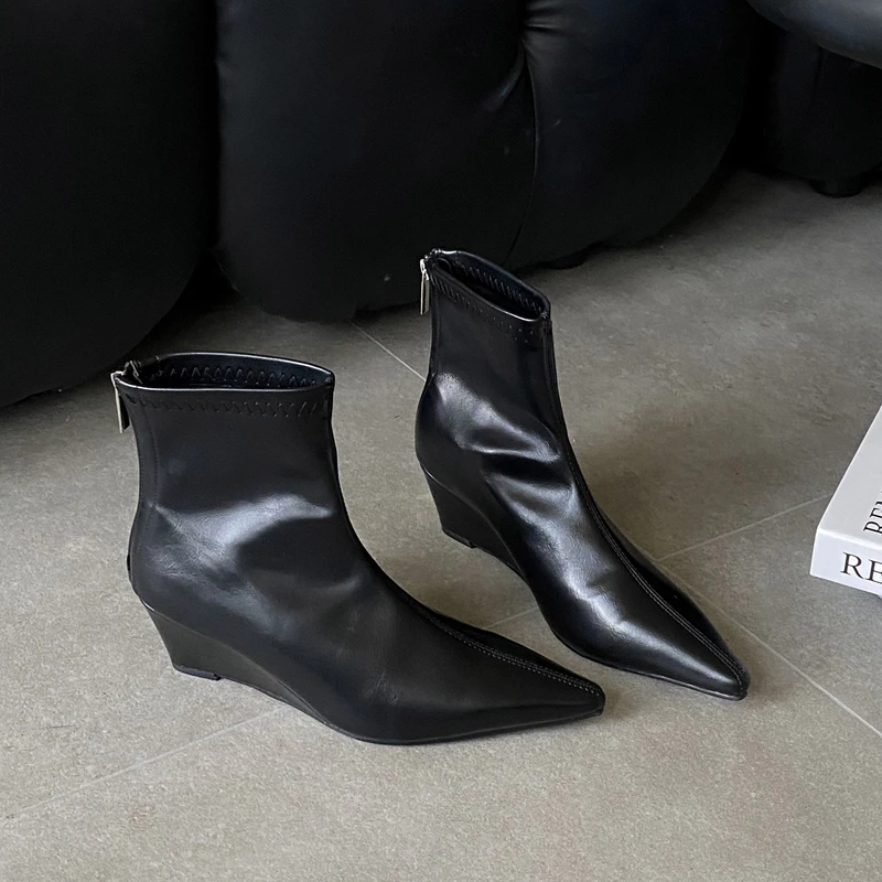 SUOJIALUN 2025 New Brand Women Ankle Boots Fashion Pointed Toe Ladies Elegant Short Boots Shoes High Wedge Heel Dress Pumps Shoe image 6