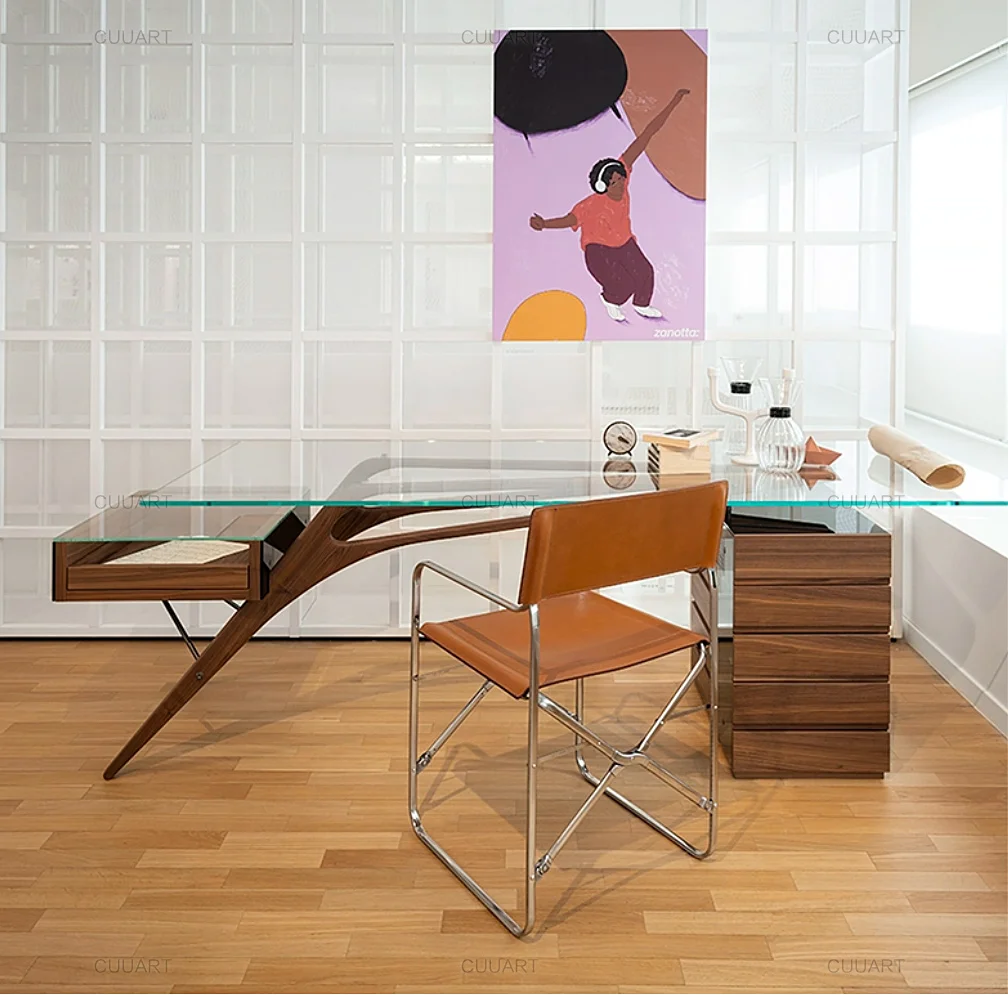 T Italian desk, black walnut tempered glass, solid wood desk, light luxury, high-end sense of home