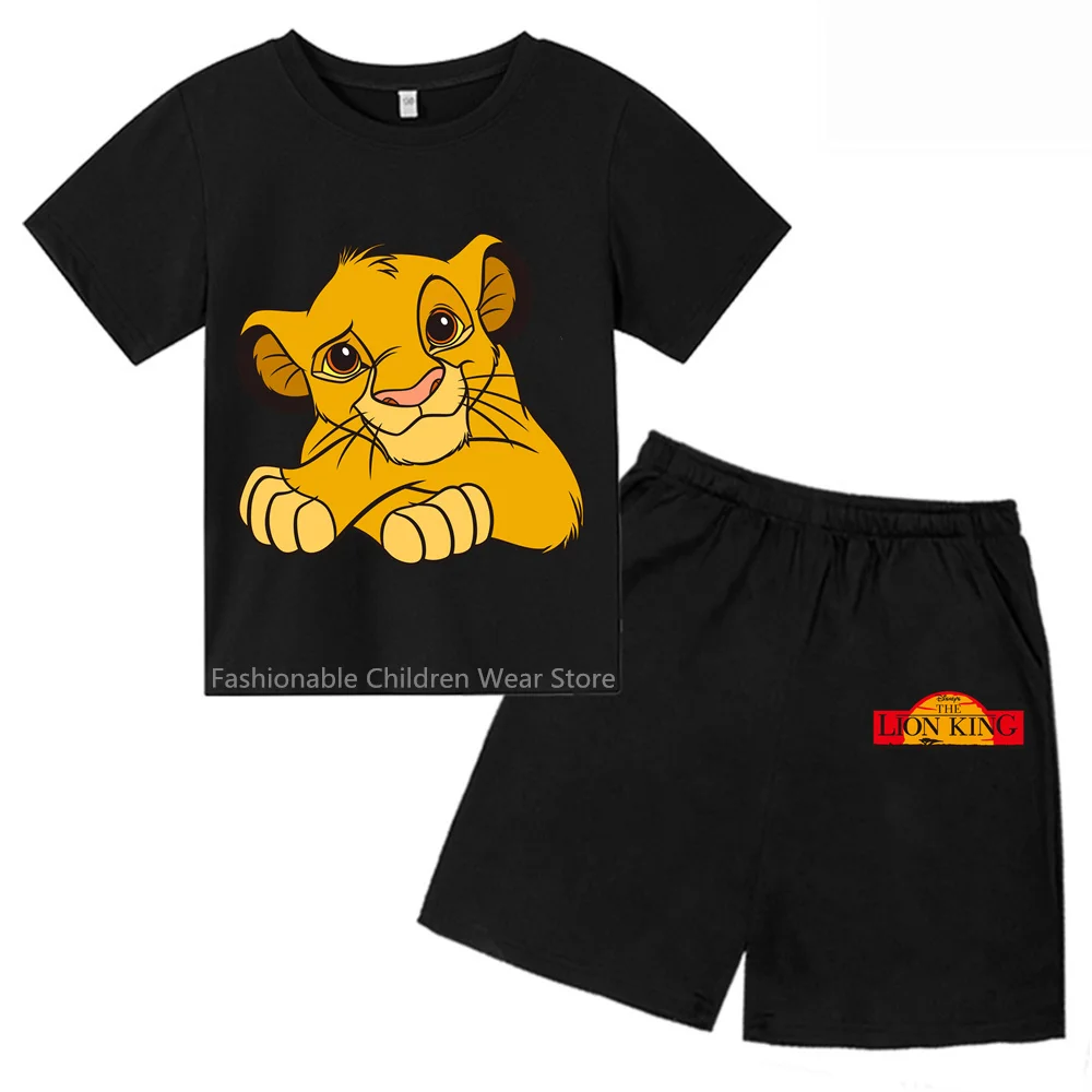 2024 Trendy Disney The Lion King Short Sleeve Shorts Childrens Set Boys Girls Summer Cotton Fashionable Casual Clothes